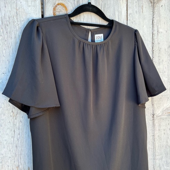 Badgley Mischka black ruffle short sleeve bowtie sash layered lined flowy blouse - Picture 15 of 15